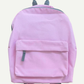 Plain pink children’s backpack with grey trim, a front zipped pocket and top carry handle, shown before personalisation.