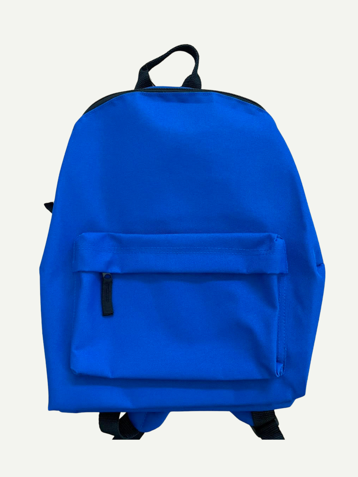 Plain royal blue children’s backpack with black trim, a front zipped pocket and top carry handle, shown before personalisation.