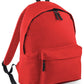 Plain bright red children’s backpack shown at an angle, with black trim, a front zipped pocket and padded shoulder strap.
