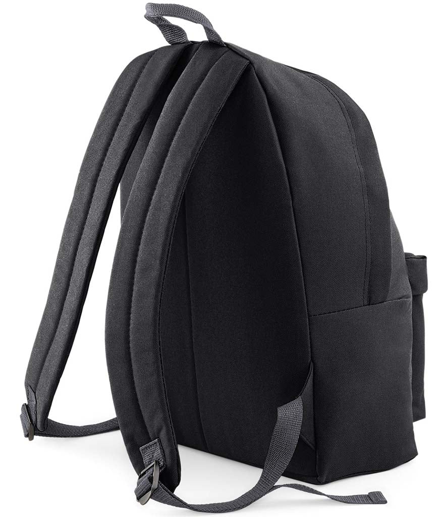 Rear view of a black children’s backpack showing the padded back panel, adjustable padded shoulder straps and top carry handle.