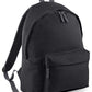 Plain black children’s backpack shown at an angle, with a front zipped pocket, shoulder strap and top carry handle.