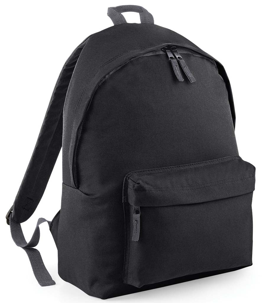 Plain black children’s backpack shown at an angle, with a front zipped pocket, shoulder strap and top carry handle.