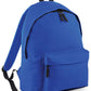 Plain royal blue children’s backpack shown at an angle, with a front zipped pocket, padded shoulder strap and black carry handle.