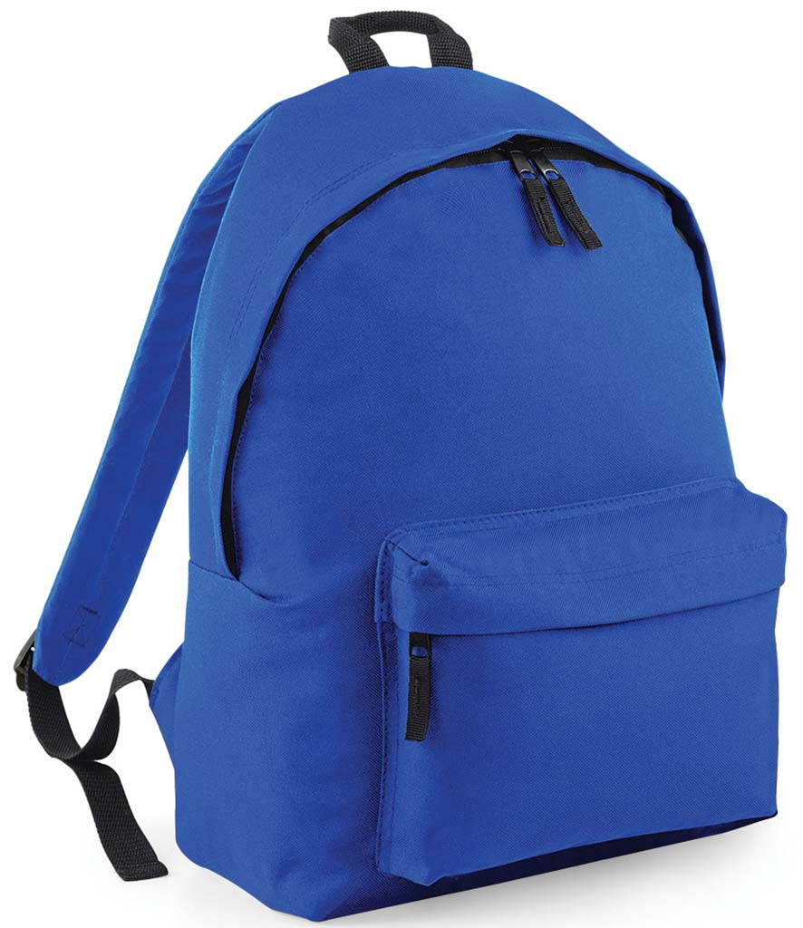 Plain royal blue children’s backpack shown at an angle, with a front zipped pocket, padded shoulder strap and black carry handle.