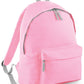 Plain pink children’s backpack shown at an angle, with grey trim, a front zipped pocket and padded shoulder strap.