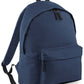 Plain French navy children’s backpack shown at an angle, with a front zipped pocket, padded shoulder strap and black carry handle.
