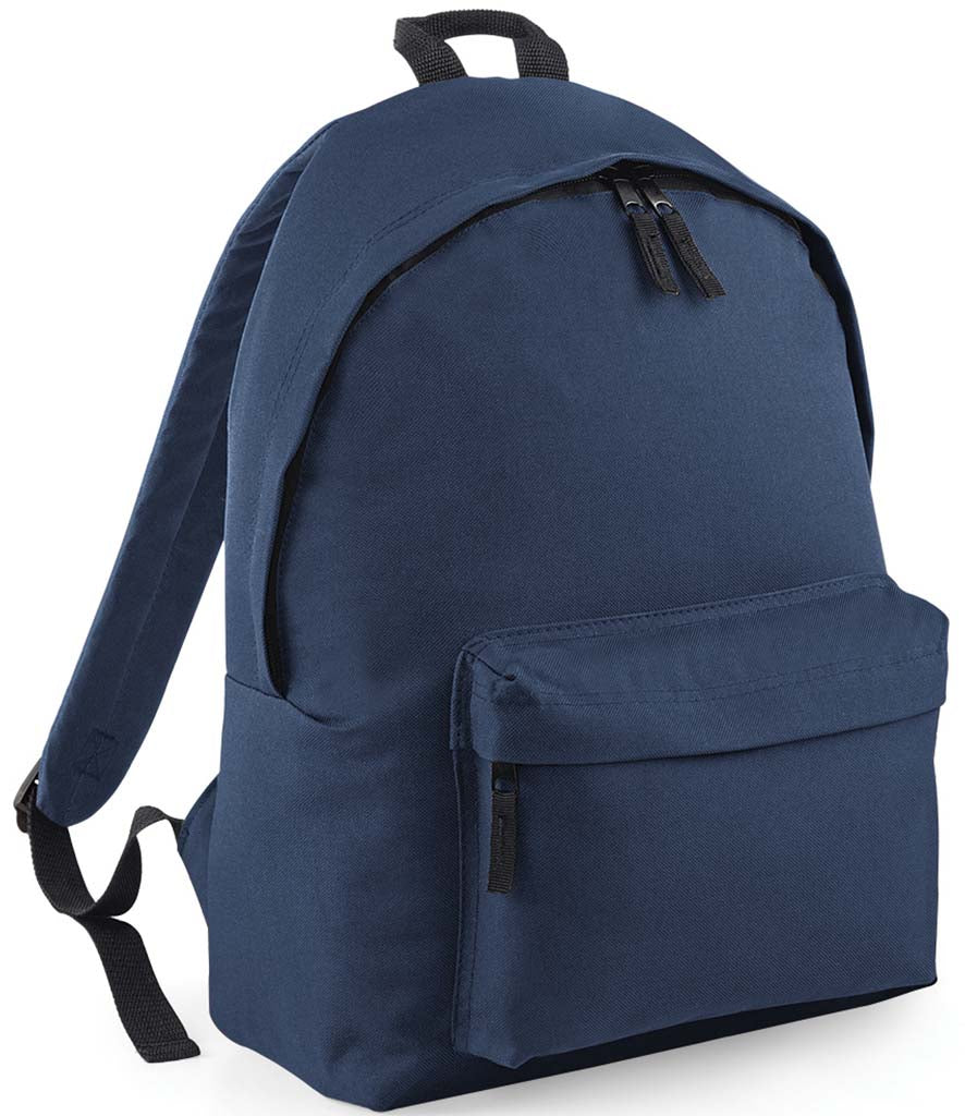 Plain French navy children’s backpack shown at an angle, with a front zipped pocket, padded shoulder strap and black carry handle.