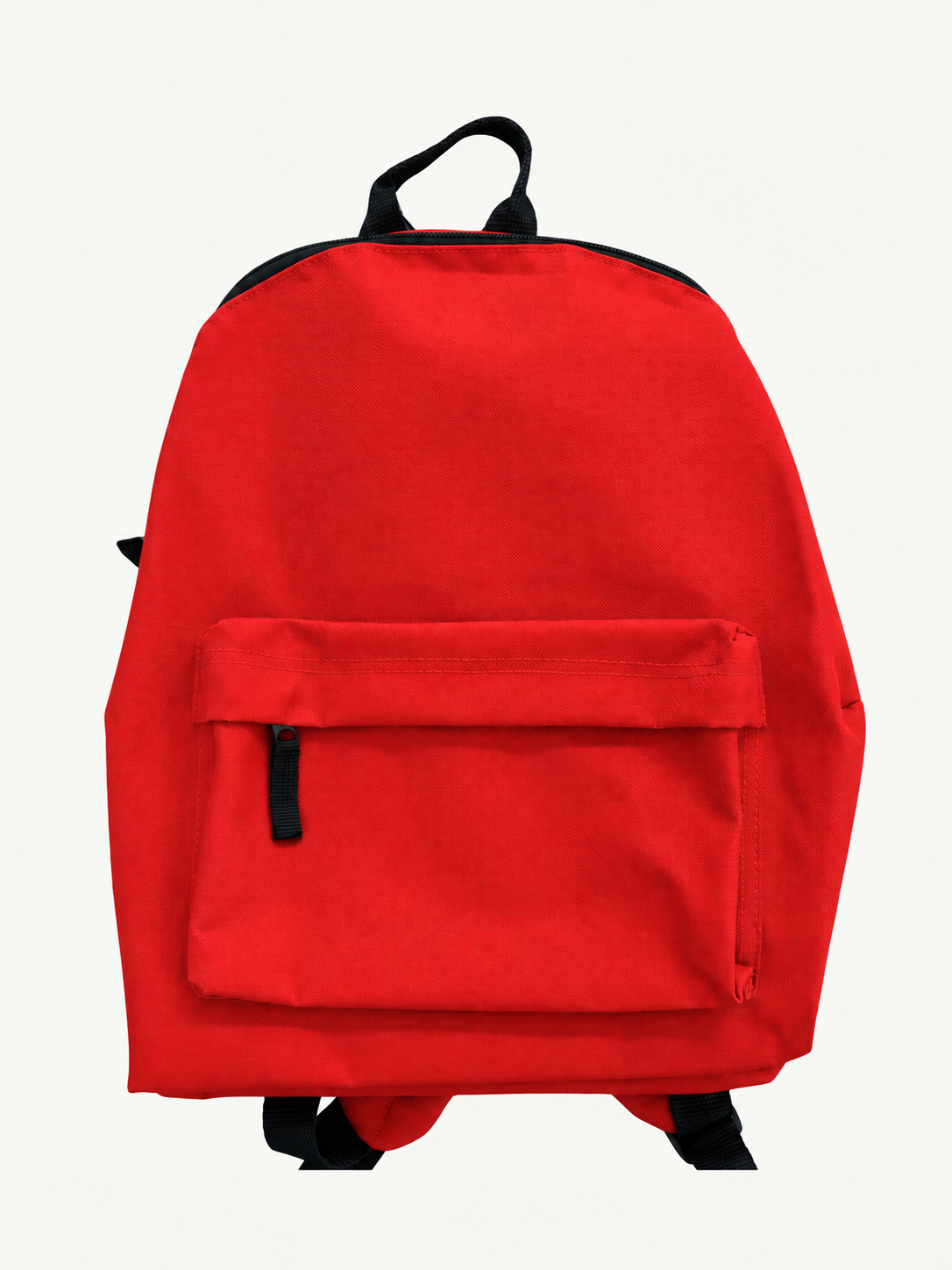 Front view of a bright red children’s backpack with black trim, a top carry handle and front zipped pocket, shown before personalisation.