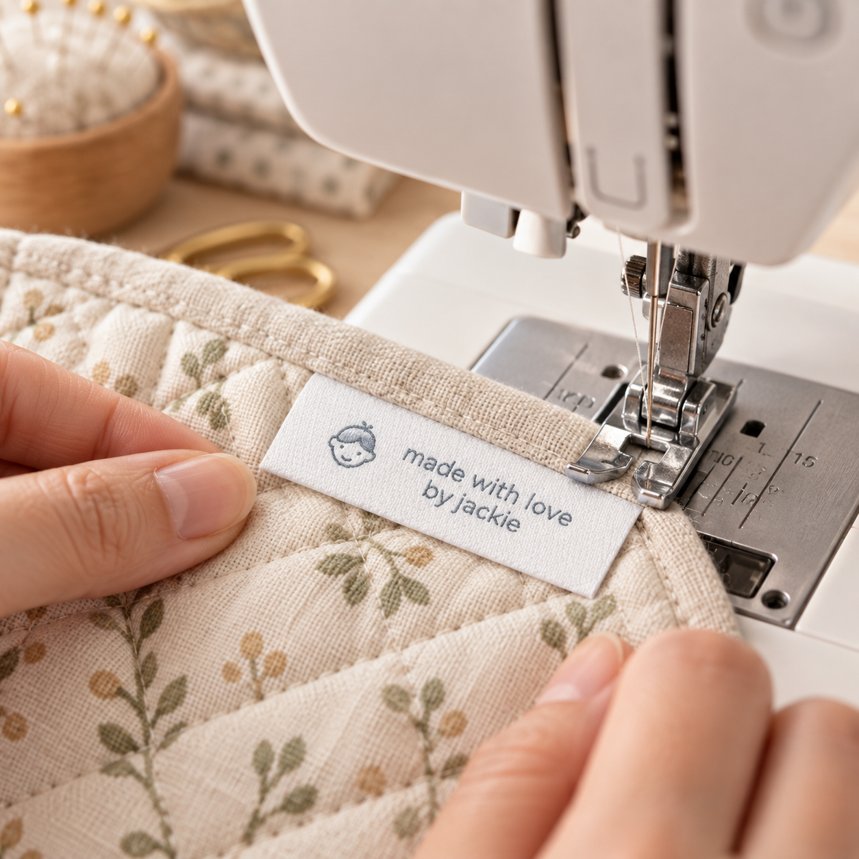 Personalised woven “Made with love by Jackie” label being sewn onto floral fabric.