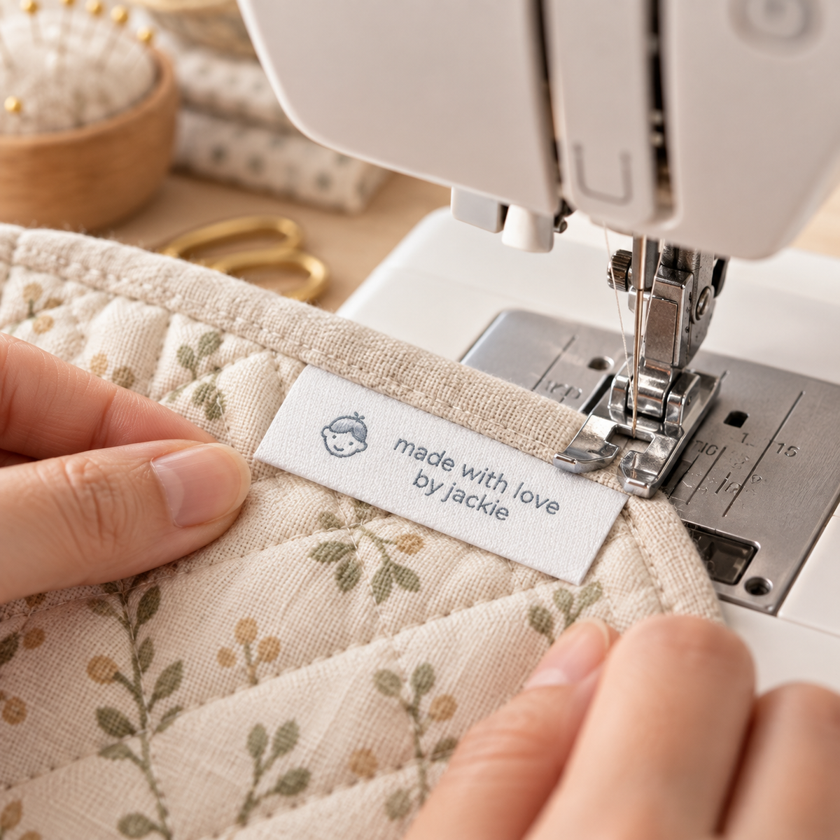 Personalised woven Made with love by Jackie label being sewn onto handmade floral fabric