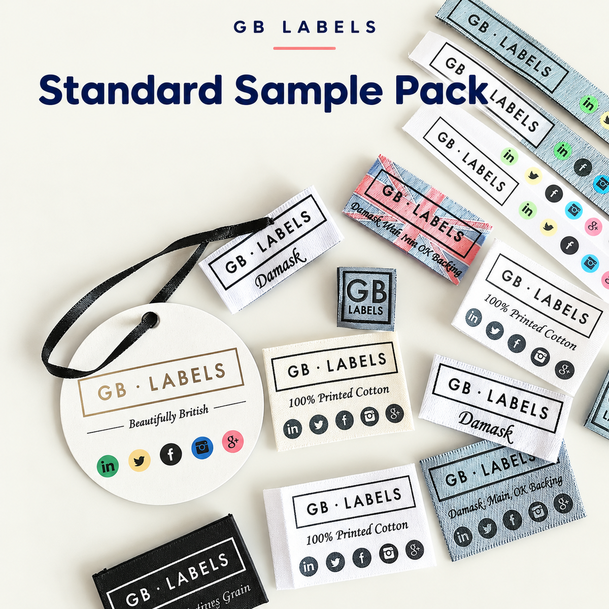 GB Labels Standard Sample Pack artwork showing woven labels, printed cotton labels and a swing tag on a cream background