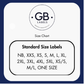 Standard woven clothing size label options from newborn and XXS to 5XL, including XS/S, M/L and One Size