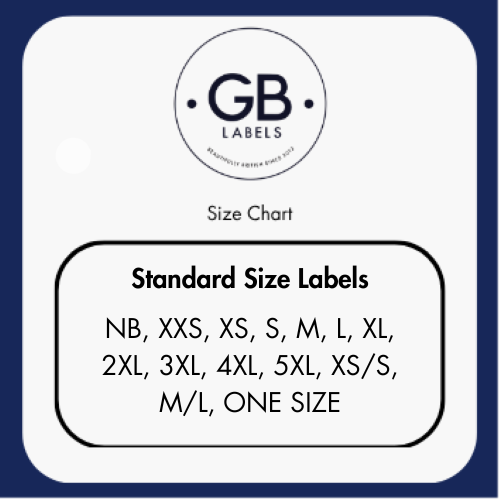 Standard woven clothing size label options from newborn and XXS to 5XL, including XS/S, M/L and One Size