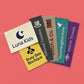 Colourful personalised woven labels with custom logos and business names on a coral background