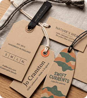 Assorted custom printed kraft swing tags with branded designs, eyelets and cord attachments