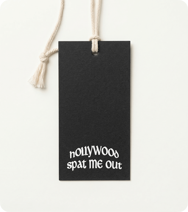 Black custom recycled pulp swing tag with white printed logo and natural cotton cord