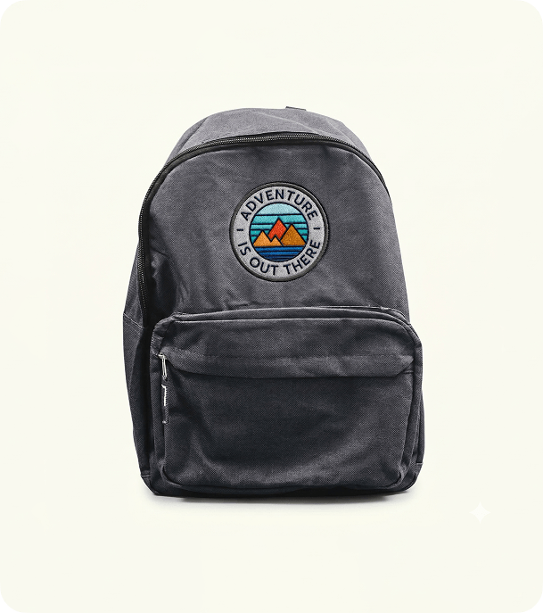 Custom embroidered Adventure Is Out There badge on a grey backpack