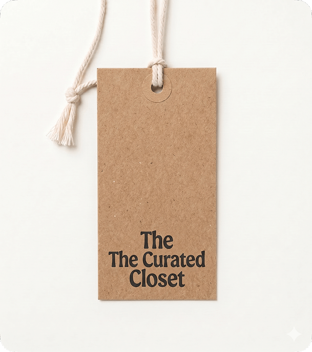 Rectangular custom printed kraft swing tag for The Curated Closet with natural cotton cord