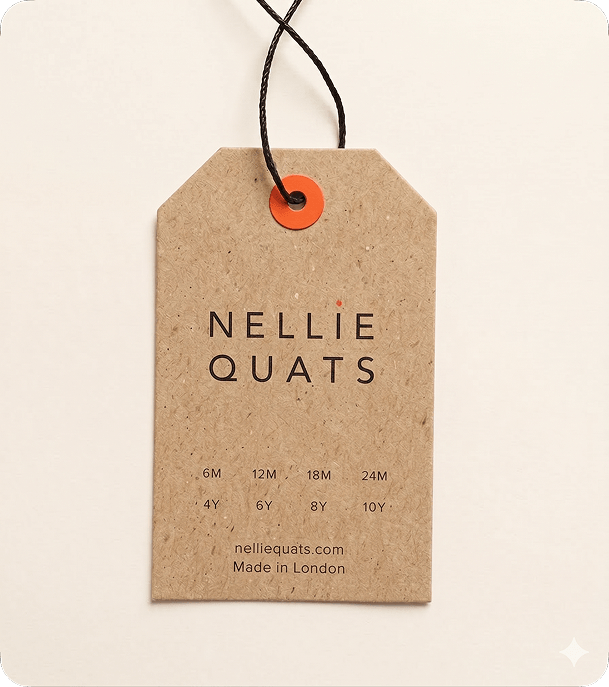 Custom printed kraft swing tag with Nellie Quats branding, children’s size guide, black cord and orange eyelet