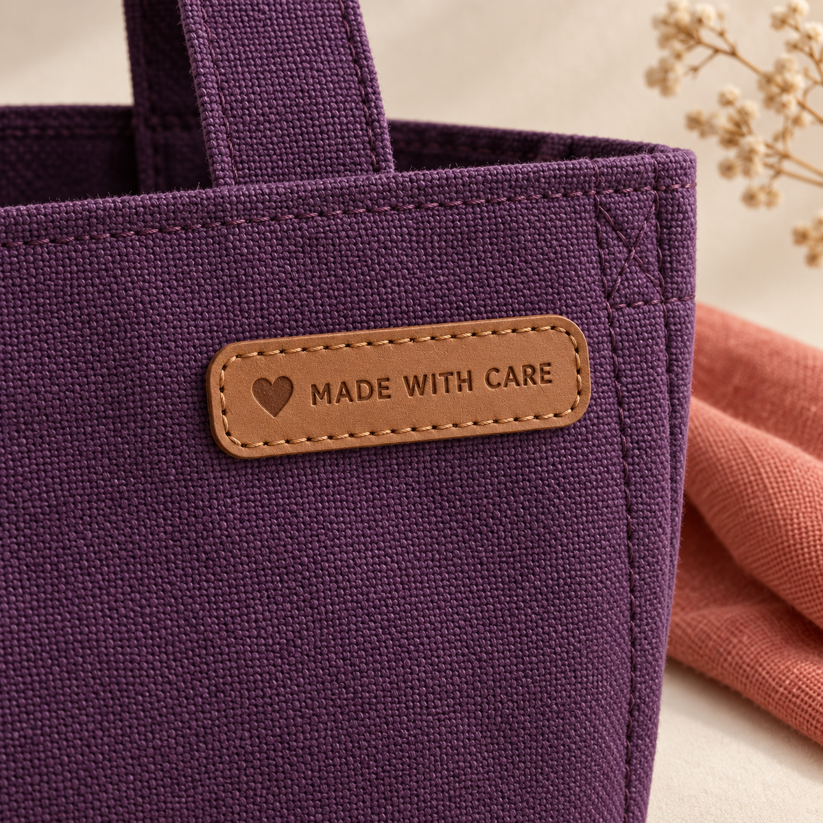 Tan custom leather label reading Made with Care, stitched onto a purple canvas tote bag