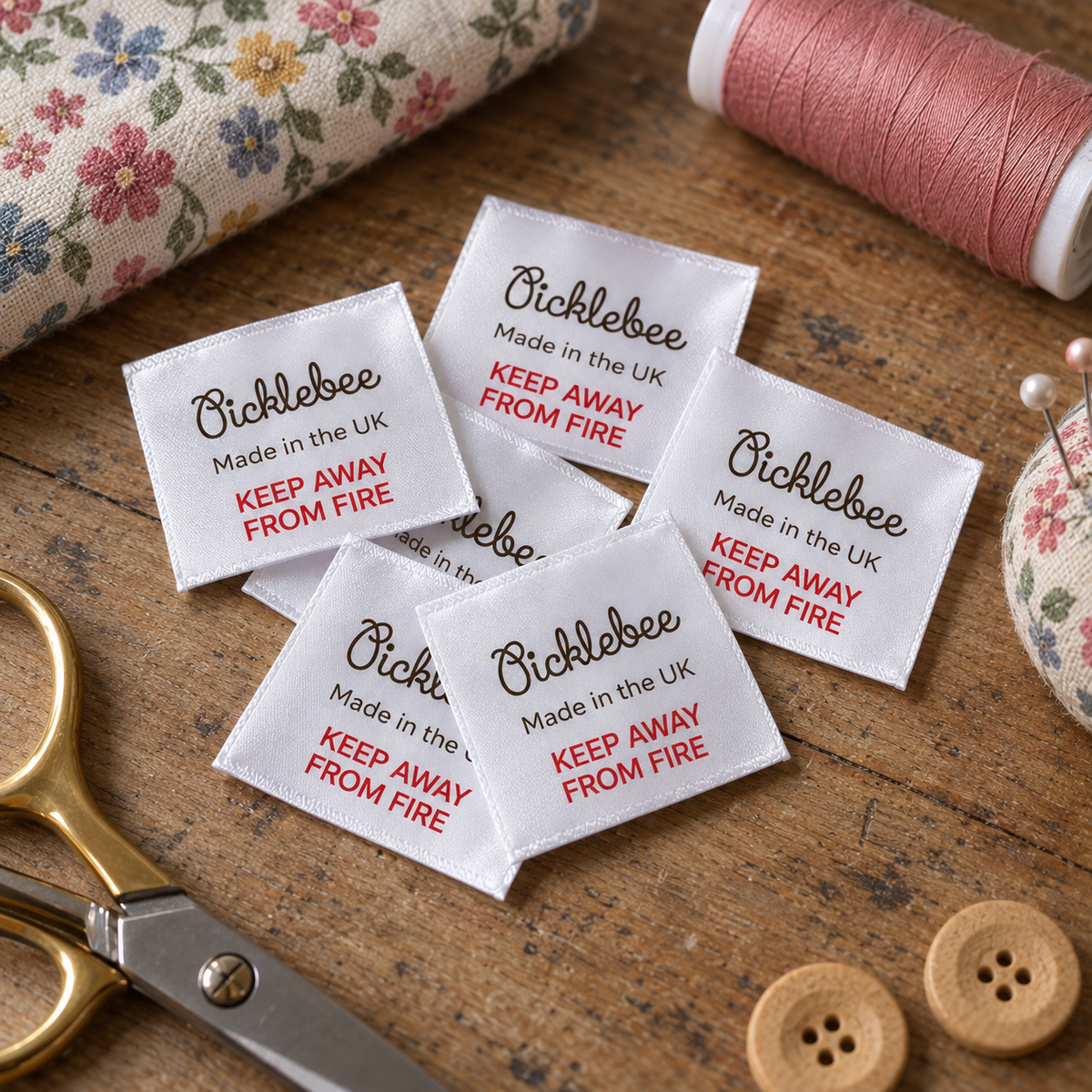 Custom printed satin clothing labels displayed with sewing accessories on a craft table