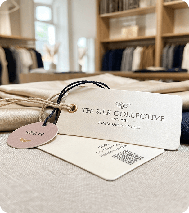 Custom printed silk swing tags with black cord, size tag and QR code displayed in a clothing shop