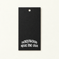 Black custom printed swing tag with a punched eye and no cord