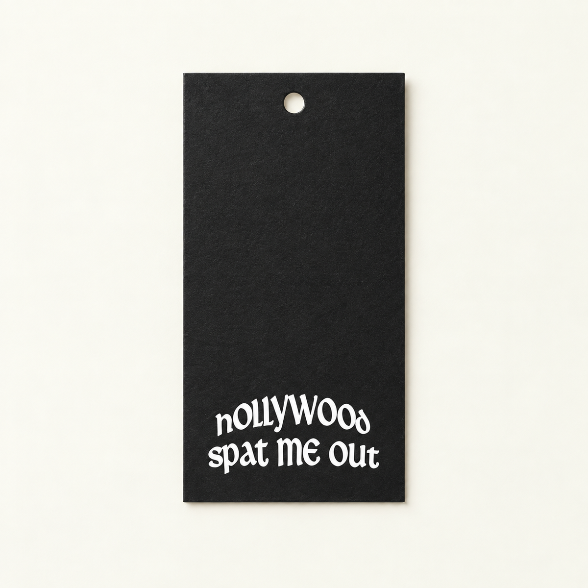 Black custom printed swing tag with a punched eye and no cord