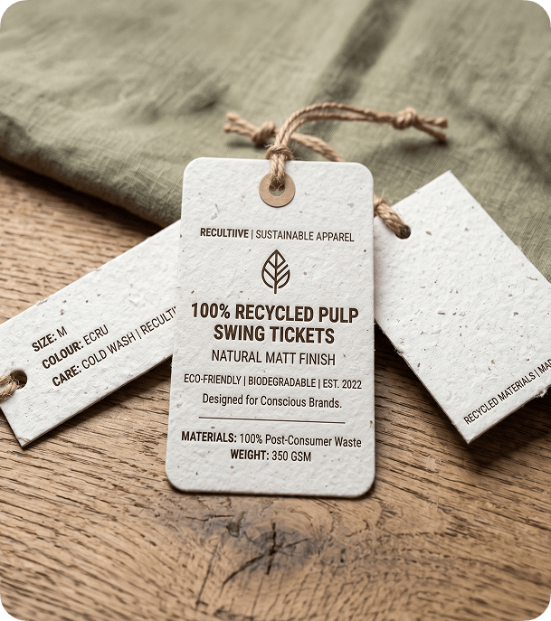 Custom recycled pulp swing tags with natural matt finish and twine cord