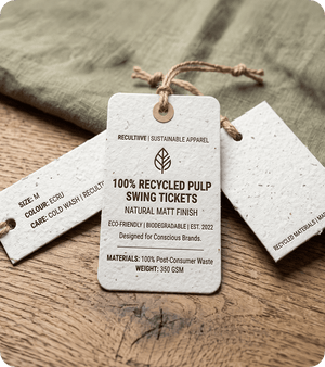 Custom recycled pulp swing tags with natural matt finish and twine cord