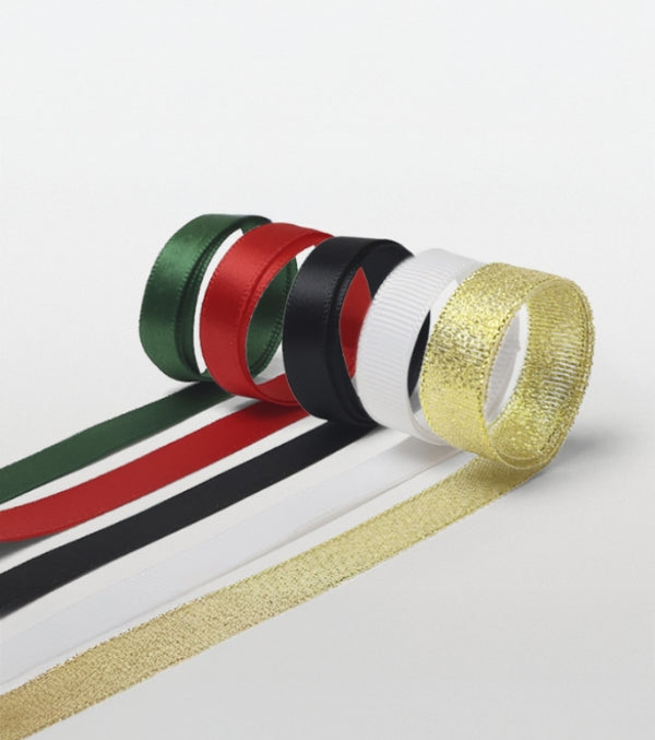 Green, red, black, white and gold ribbon options for custom swing tags