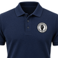 Custom woven self-adhesive badge applied to a navy polo shirt