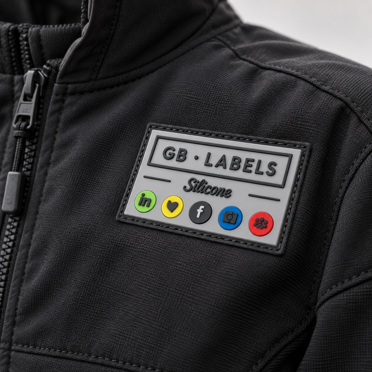 Custom silicone clothing label sewn onto black workwear jacket