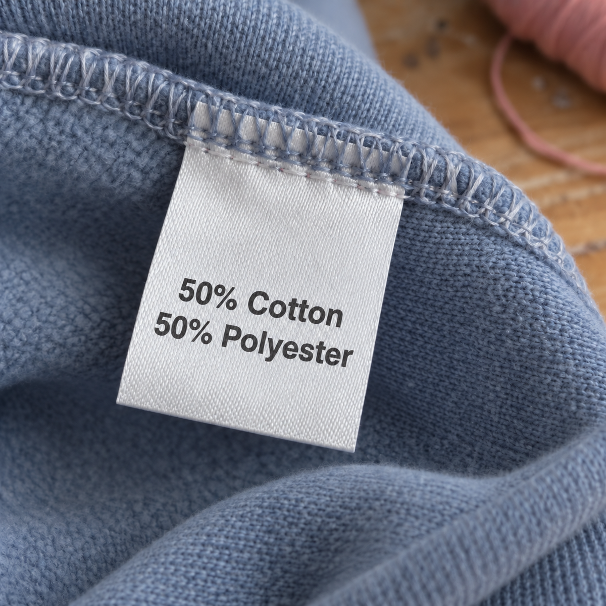White printed satin composition label sewn into the inside seam of a handmade blue sweatshirt