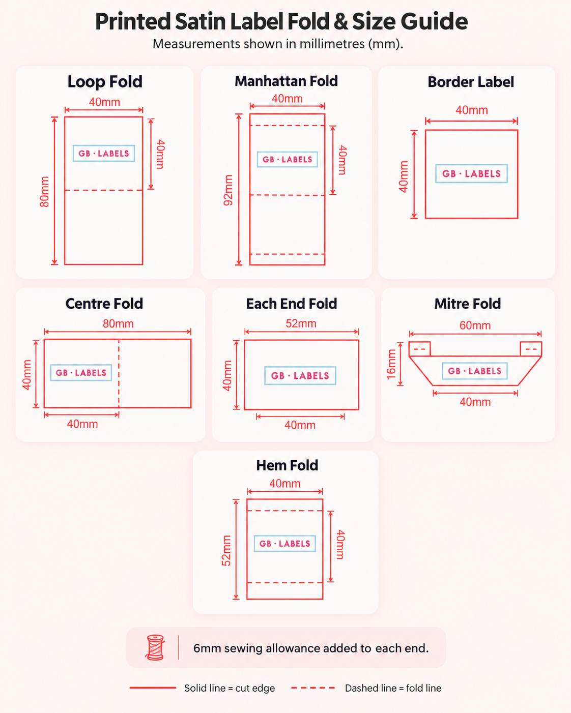 Printed satin label fold and size guide showing seven common fold options and measurements