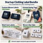 Startup clothing label bundle showing custom woven labels, printed swing tags, wash care labels on a roll and woven size tabs