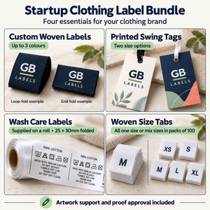 Startup clothing label bundle showing custom woven labels, printed swing tags, wash care labels on a roll and woven size tabs