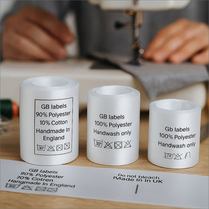 Personalised wash care labels with fabric composition and laundry symbols beside a sewing machine